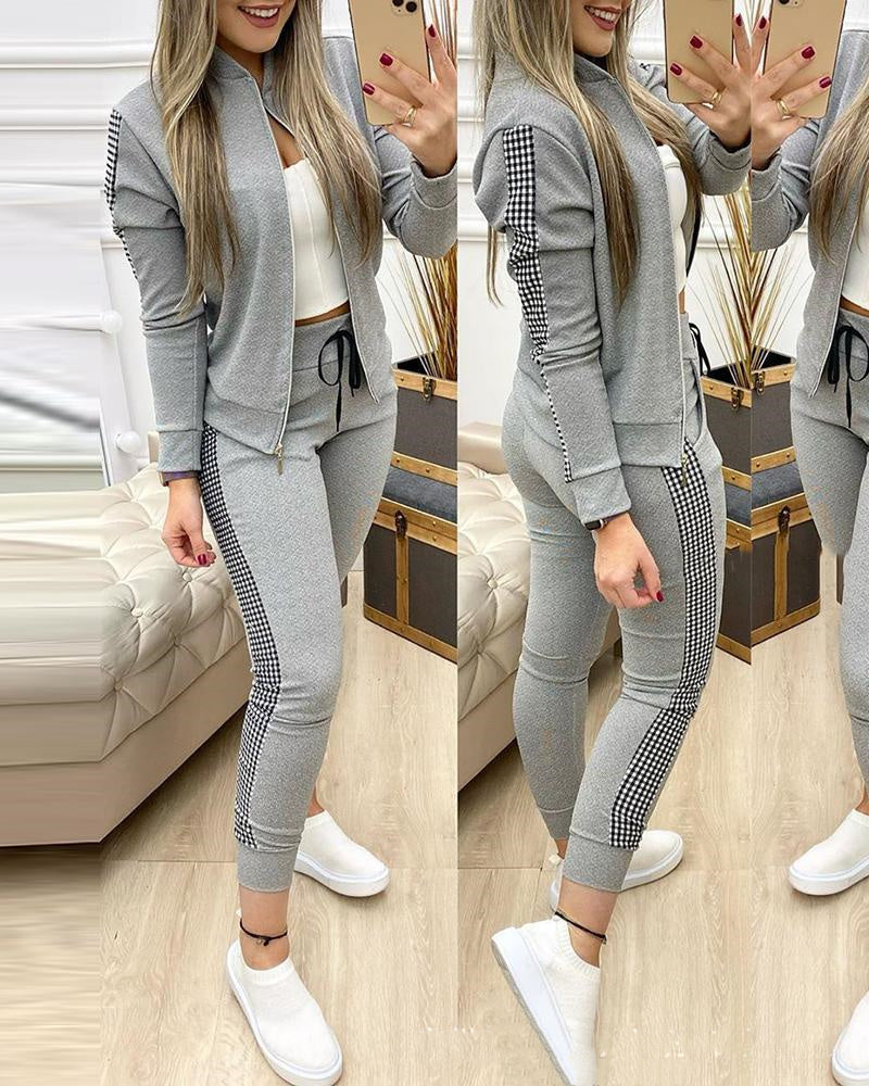 European And American Grey Stitching Plaid Casual Suit