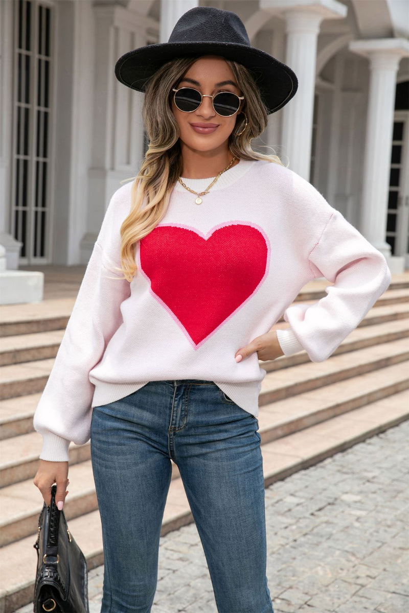 Round Neck Love Sweater Pullover Plus Size Peach Heart Sweater