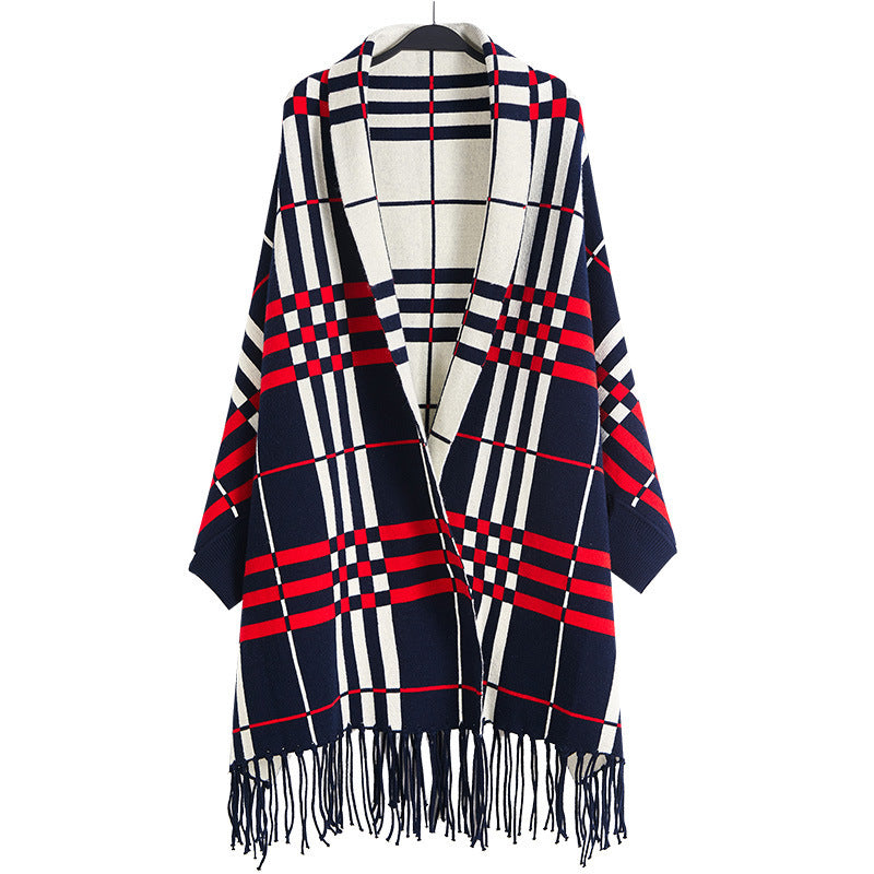 Plaid Mid-length Cardigan Women's Knitted Tassel Shawl Coat Women