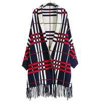 Plaid Mid-length Cardigan Women's Knitted Tassel Shawl Coat Women