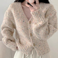 Women's Mixed Color Dot V-neck Short Knitted Cardigan Sweater