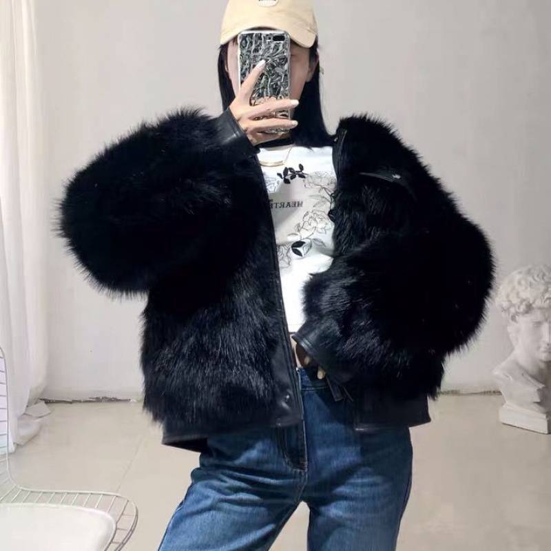 Leather Women's Motorcycle Coat Winter Faux Fox Fur Coat Slim Fit Fur One