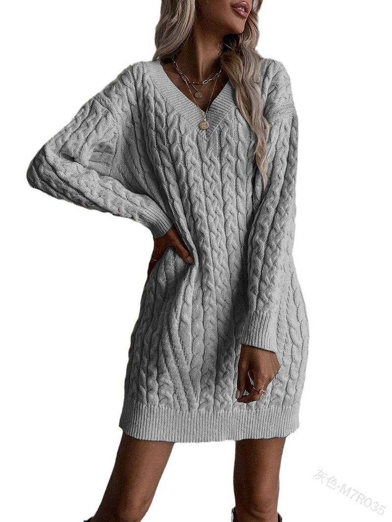 Solid Color And V-neck Pullover Dress Sweater Women's Casual Fashion Mid-length Knitwear