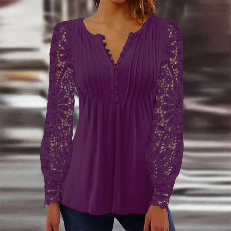 European And American Spring And Autumn Fashion Lace Lace Sleeve Pleated Solid Color Buttons T-shirt