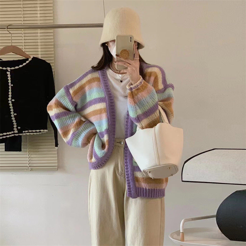 Rainbow Striped Knitted Cardigan For Women Loose Sweater Coat