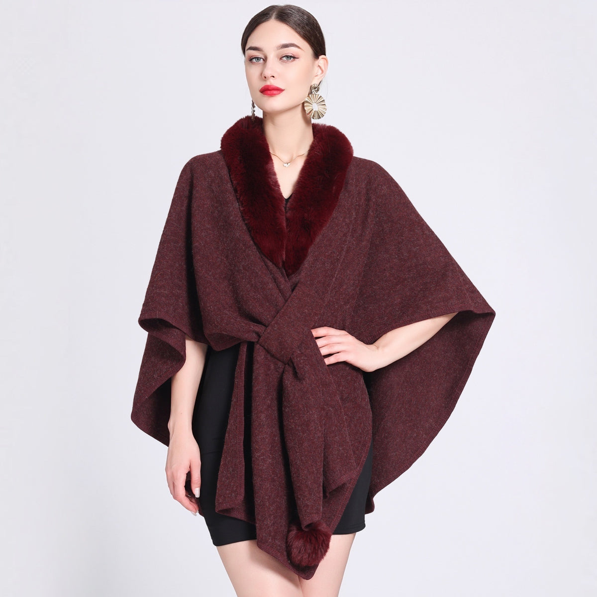 Imitation Rex Rabbit Fur Collar Cape And Shawl Female Loose Knitted Cardigan