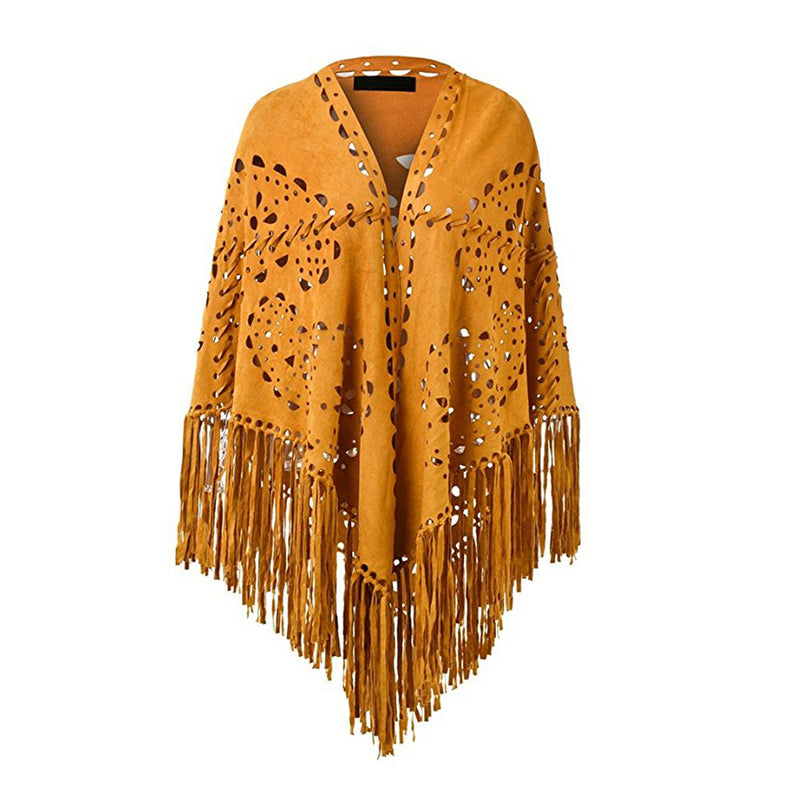 Stretch Suede Fringed Shawl Cape All-match