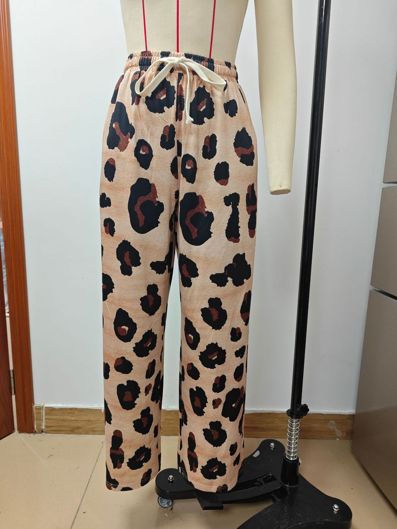 Leopard Print Wide-leg Pants Women's European And American Personalized Drawstring