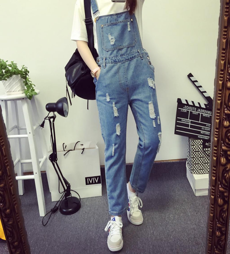 Spring And Autumn Casual Cool Ripped Denim Brace Trousers