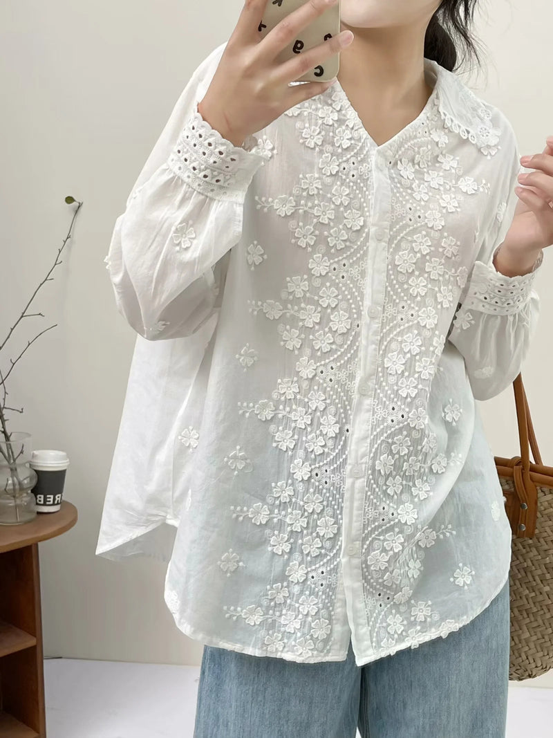 Three-dimensional Flower Embroidered Lapel Single-breasted Long Sleeve Shirt For Women