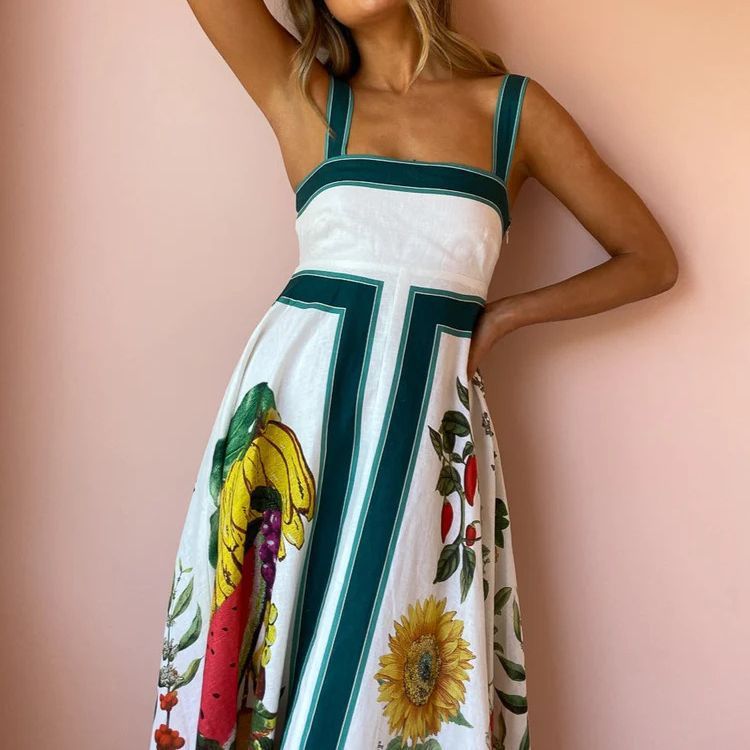 Printed Backless Sexy Suspenders Wide Hem Loose Dress