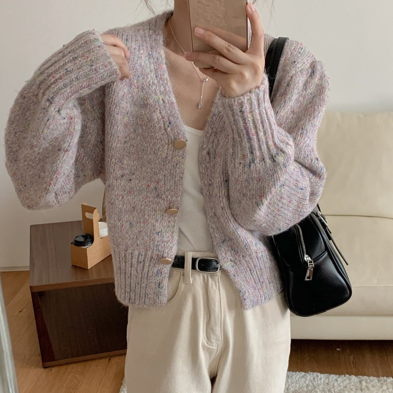 Women's Mixed Color Dot V-neck Short Knitted Cardigan Sweater