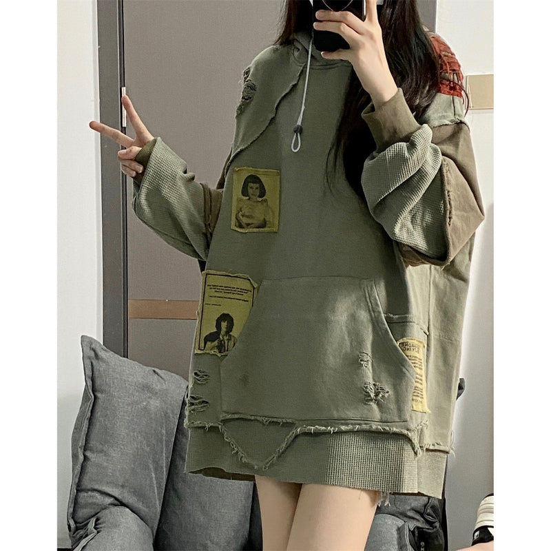 Women's American-style Retro High Street Make Old Ripped Hooded Sweater