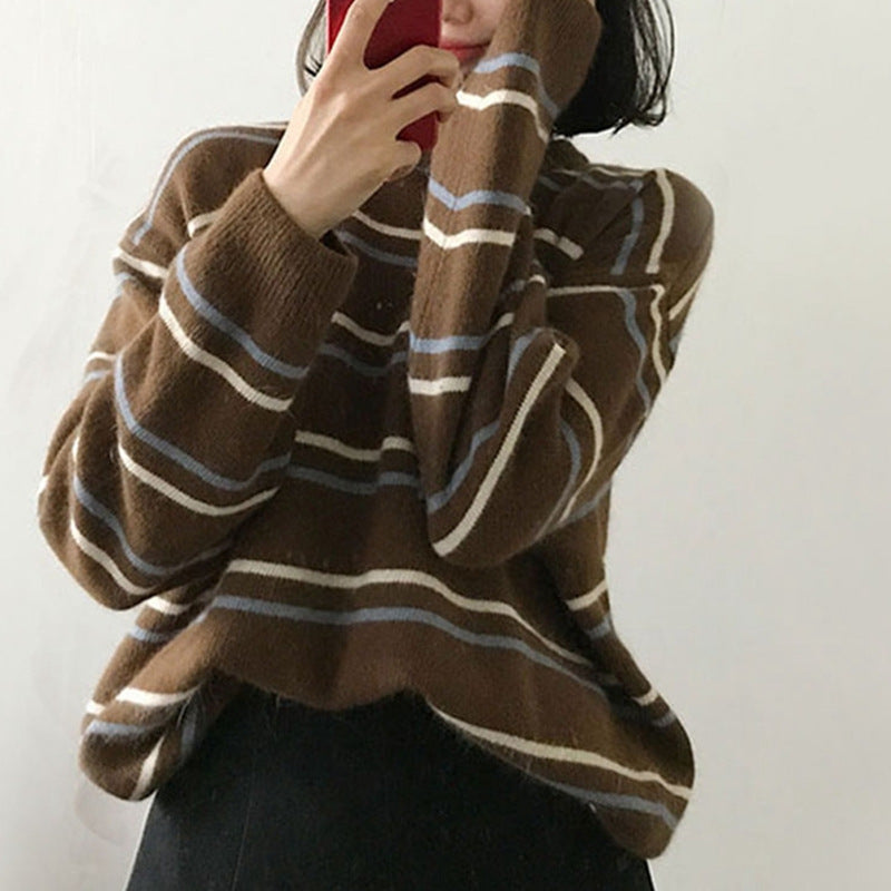 Women's Round Collar Sweater Women's Striped Sweater Loose And Idle