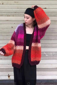 Handmade Rainbow Striped Contrast Color Thick Needle Sweater Coat