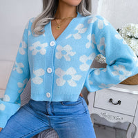 Fashionable Clashing Floral Lantern Sleeve Cardigan Jumper Jacket