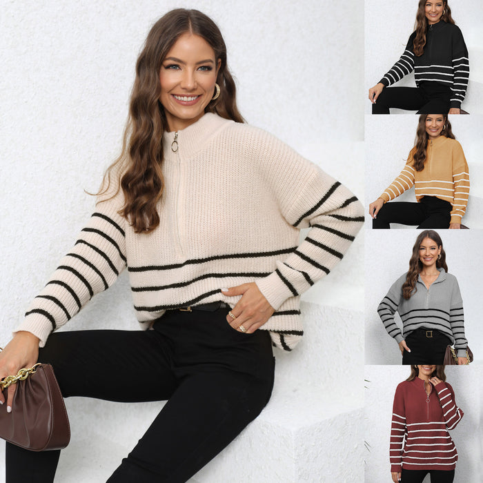 Women's Knitted Striped Stitching Half Turtleneck Zipper Sweater