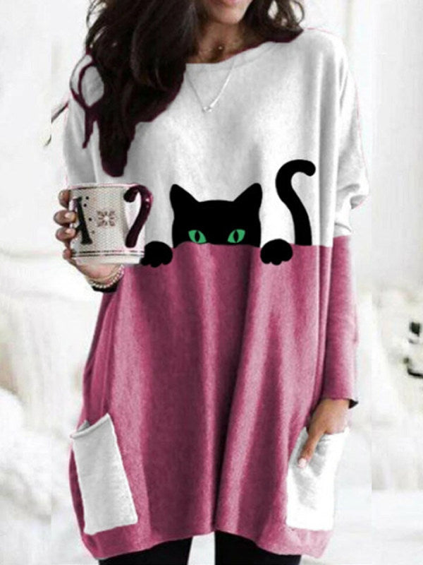 Women's Black Cat Print Round Neck Contrast Color Patchwork Pocket Long Sleeve T-shirt