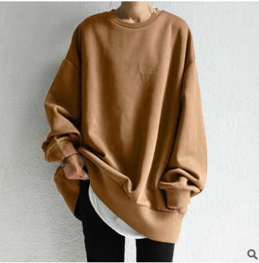 Autumn And Winter New Style Solid Color Mid-length Loose Round Neck Blouse Women