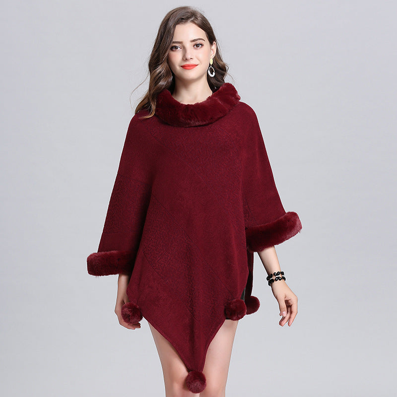 New Style Fox Fur Collar Jacquard Pullover Sweater Shawl