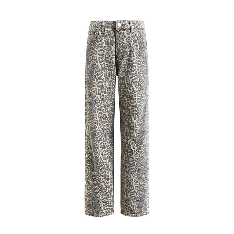 Printed Washed Distressed Wide-leg Denim Trousers For Women