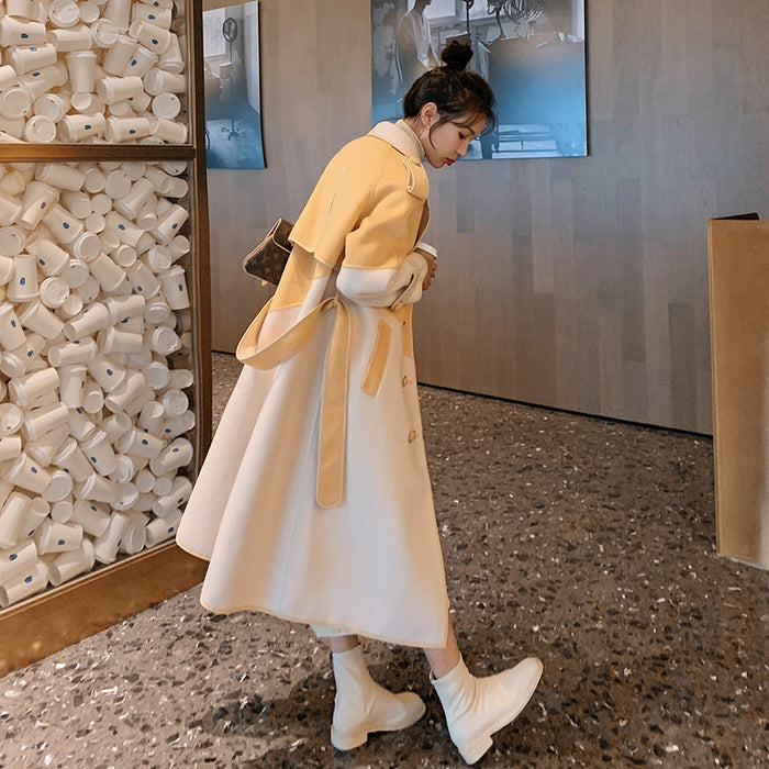 Stitching Contrast Color Edging Woolen Coat Women's Mid-length Thickening