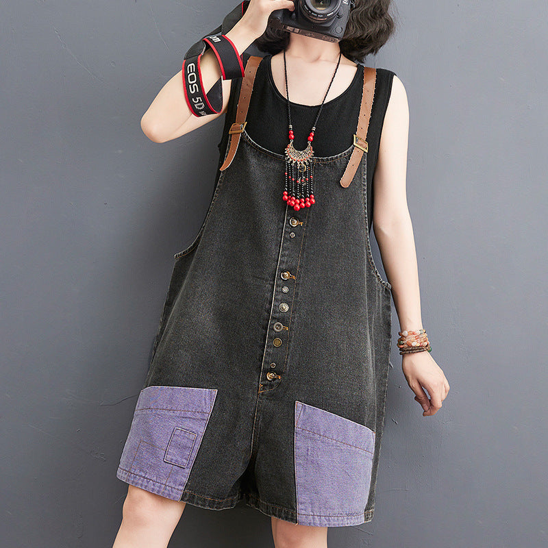 Personality Retro Contrast Color Casual High Waist Slim Denim Overalls