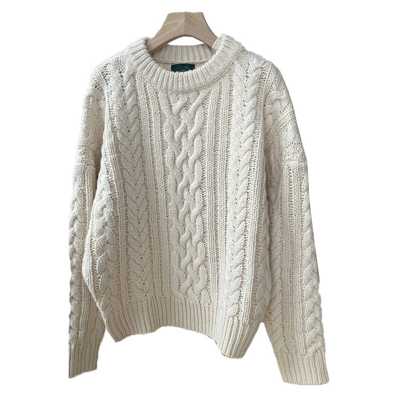 Crew Neck Inner Thick Twist White Sweater For Women