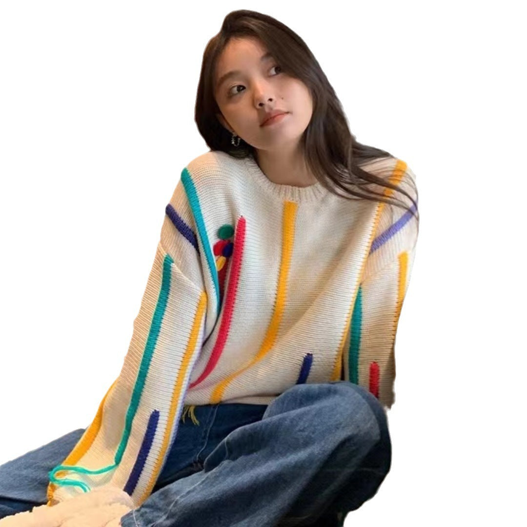 Fringed Sweater Design Colorful Striped Sweater For Women