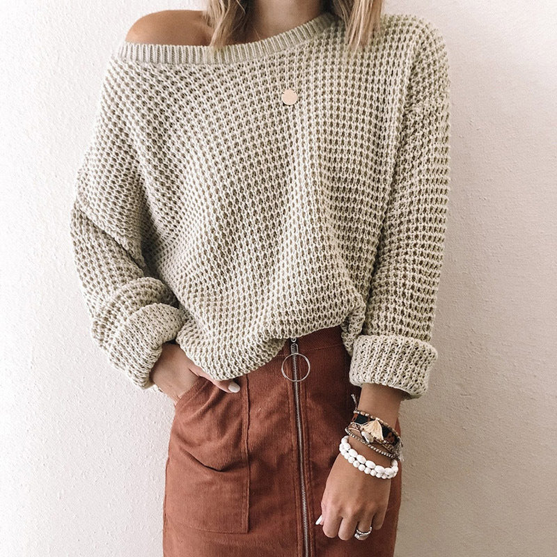 Solid Color Loose Diagonal Neck Long Sleeve Knit Top