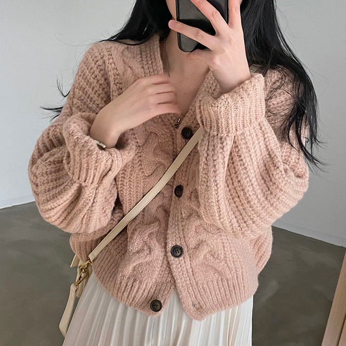 Women's V-neck Puff Sleeve Linen Pattern Loose Knitted Cardigan Sweater Coat