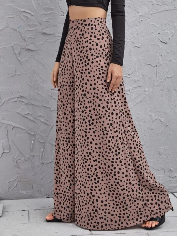 Loose High Waist Leopard Print Drape Trousers Swing Leg Pants