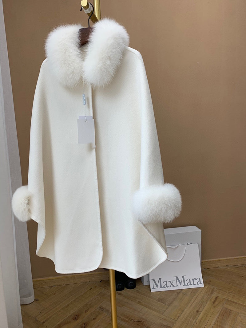 Cape Fox Fur Collar Cashmere Wavy Coat