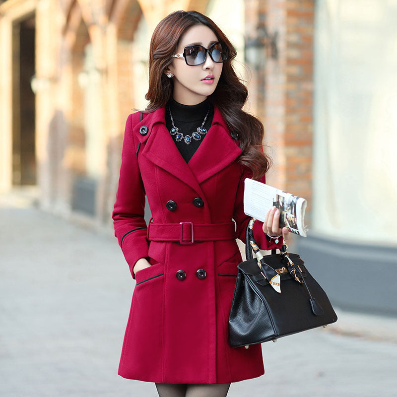 19 Autumn And Winter New Korean Style Coat Double-breasted Mid-length Slim Fit Fashion Coat Women's Clothing