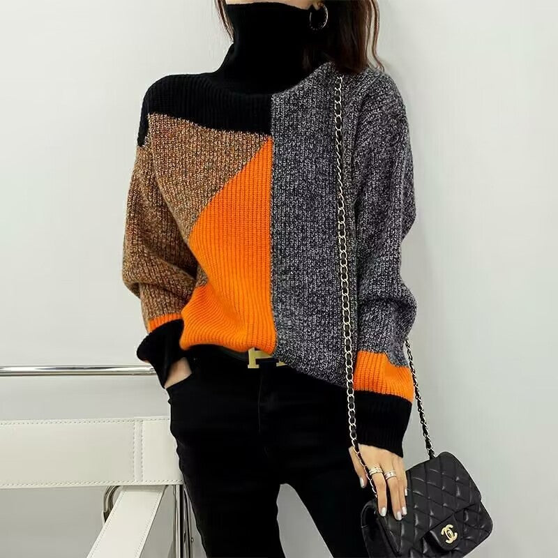 Women's High End Chic Western Style Contrasting Color Turtleneck Sweater