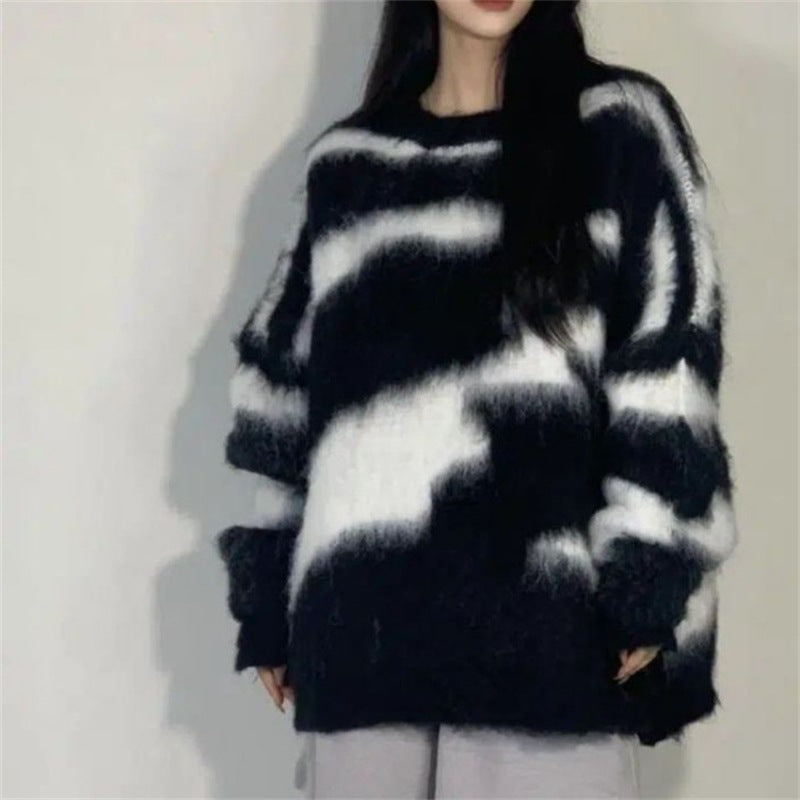 Striped Imitated Mink Fluff Soft Glutinous Loose Round Neck Sweater