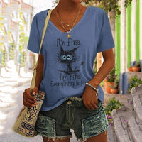 European And American Women's Clothing New Top Loose V-neck Digital Printed Short Sleeve T-shirt