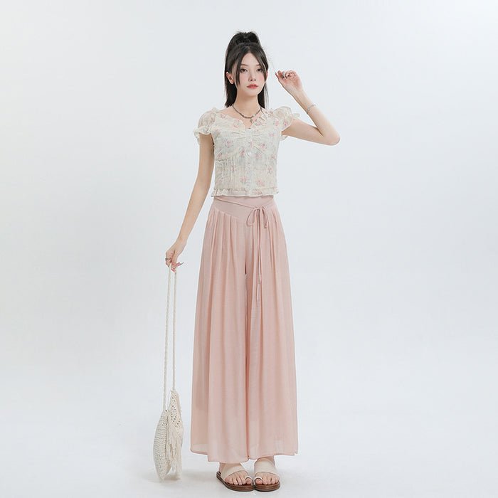 Summer Thin Design High Waist With Straps Slimming And Straight Drape Cropped Wide-leg Pants Skirt