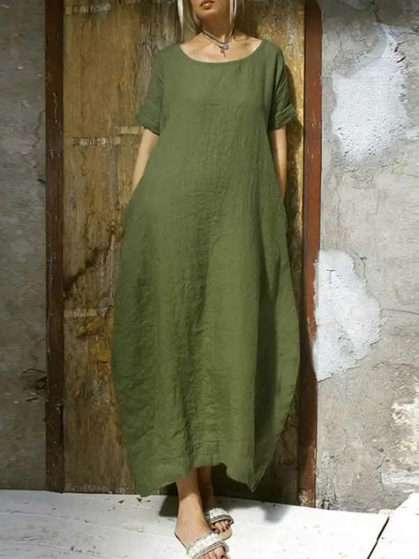 Women's Cotton And Linen Solid Color Round Neck Short Sleeves Waist Dress