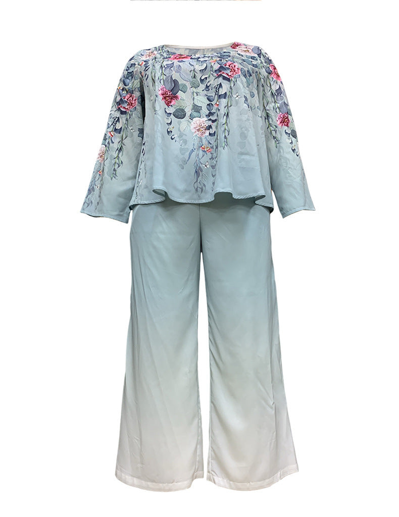Temperament Printed Round Neck Ankle Banded Pants Two-piece Set
