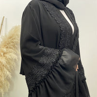 Black Flower Embroidered Lace Up Muslim Cardigan Robe