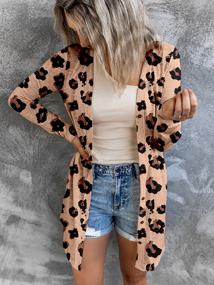 Long European And American Personalized Leopard Print Long-sleeved Cardigan Loose Sweater