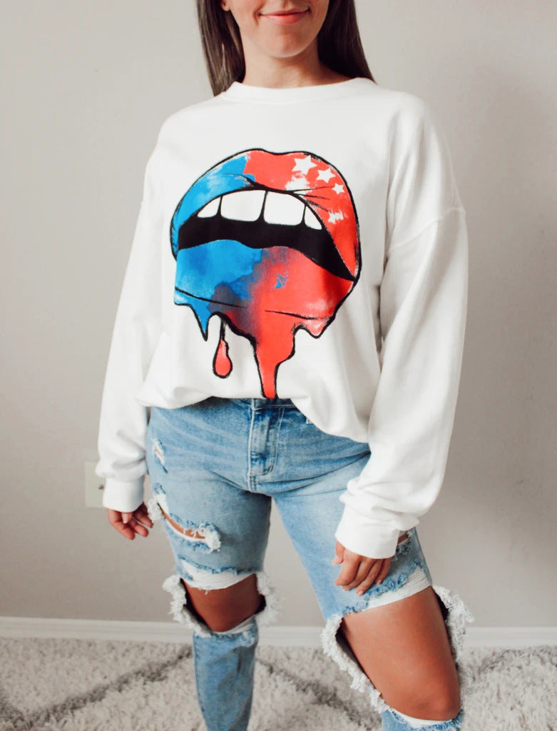 Round Neck Eyelashes Lip Printings Long Sleeve Loose Sweatshirt