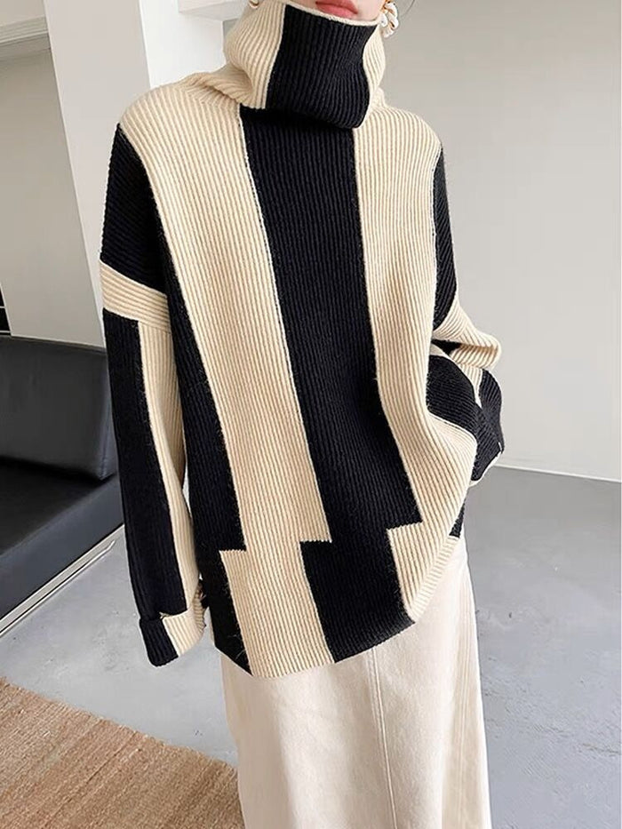 High Collar Sweater Black And White Stripe Soft Waxy Girl