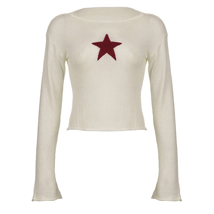 Five Pointed Star Short Curled Fashion Slight Raglan Long Sleeve Sweater T-shirt