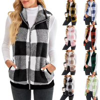 Thick Checks Double-sided Velvet Cardigan Vest Stand Collar Sleeveless Coat