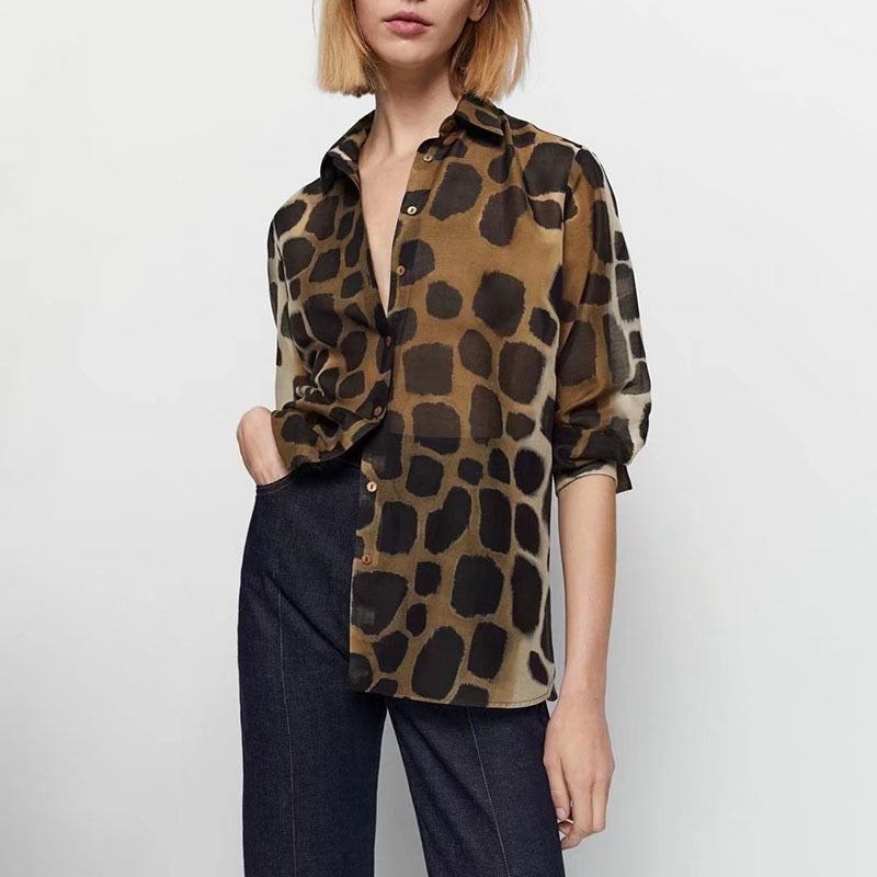 Women's Lapel New Animal Stripe Silk Satin Texture Color Matching Casual Fashion Shirt Long Sleeve