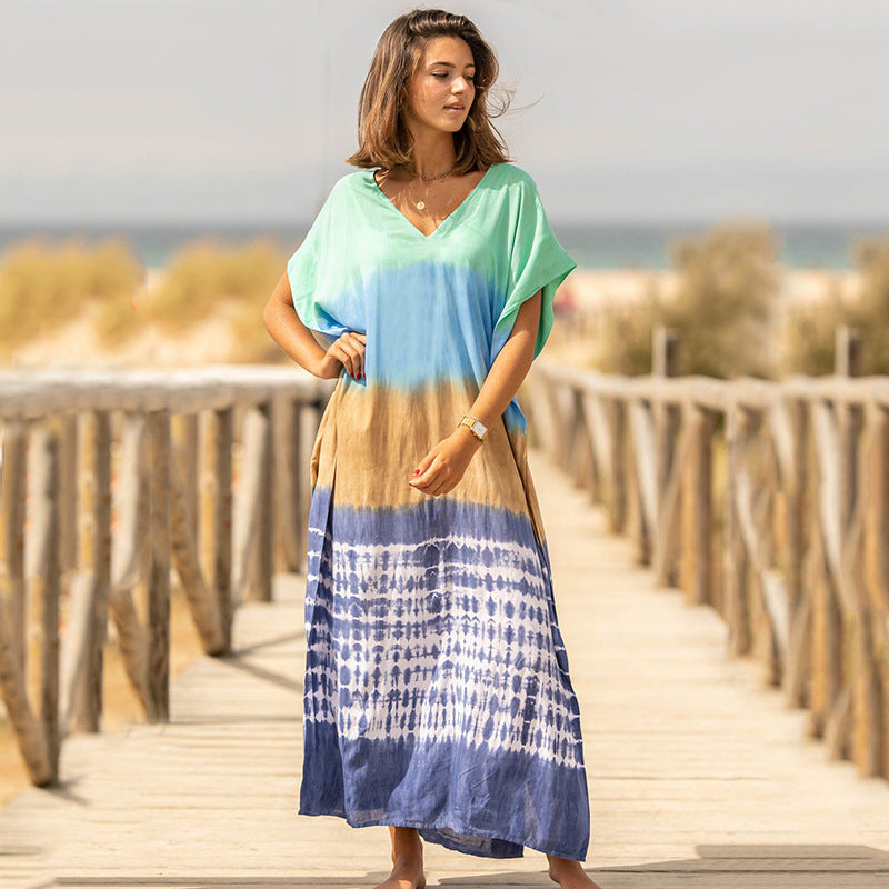 Women's Cotton Tie-dyed Beach Robe Loose Long Dress