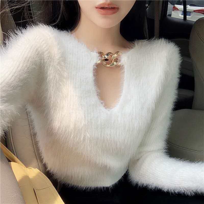 New Imitation Mink V-neck Sweater Women's Simple