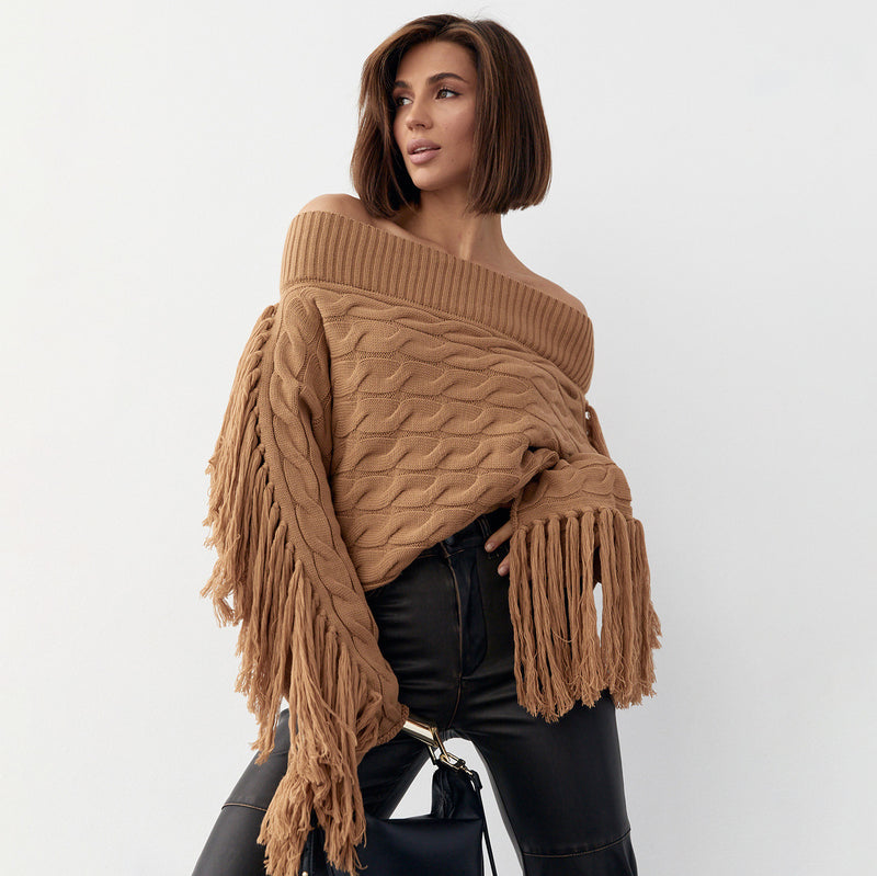 Pure Color Elegant Style Woolen Tassel Design Sweater Autumn And Winter